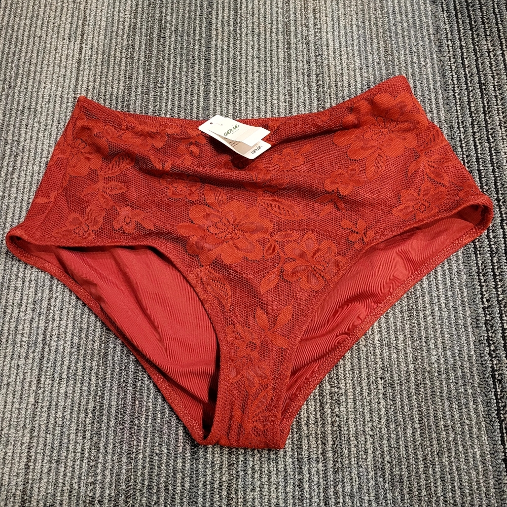 AERIE High Waisted Lace Bikini Bottoms - M -Summer Burgandy NWT - Picture 2 of 3